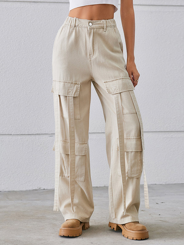 Loose Straight Leg High-Waisted Pockets Split-Joint Streamer Jean Pants Bottoms