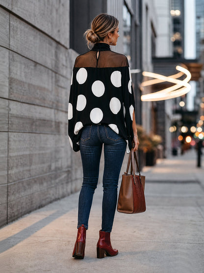 Split-Joint See-Through Polka-Dot Contrast Color Loose Cape High-neck Blouses&shirts Tops