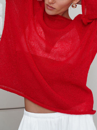 Long Sleeves Loose See-Through Solid Color Split-Joint Round-Neck Sweater Tops