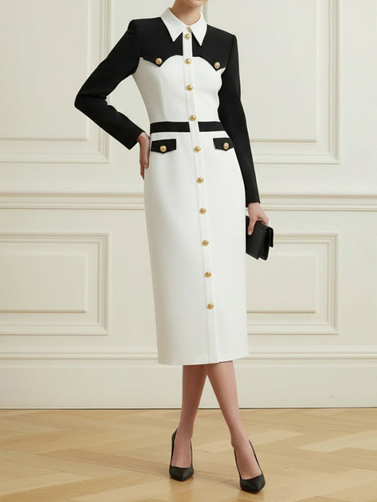 Long Sleeves Buttoned Contrast Color Split-Joint Lapel Midi Dresses