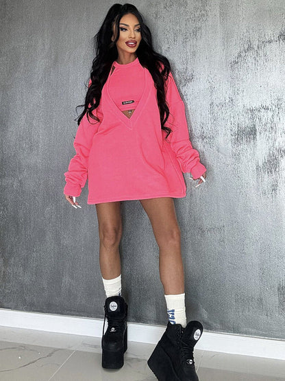 Loose Solid Color Round-Neck Mini Dresses & Vest Top Two Pieces Set