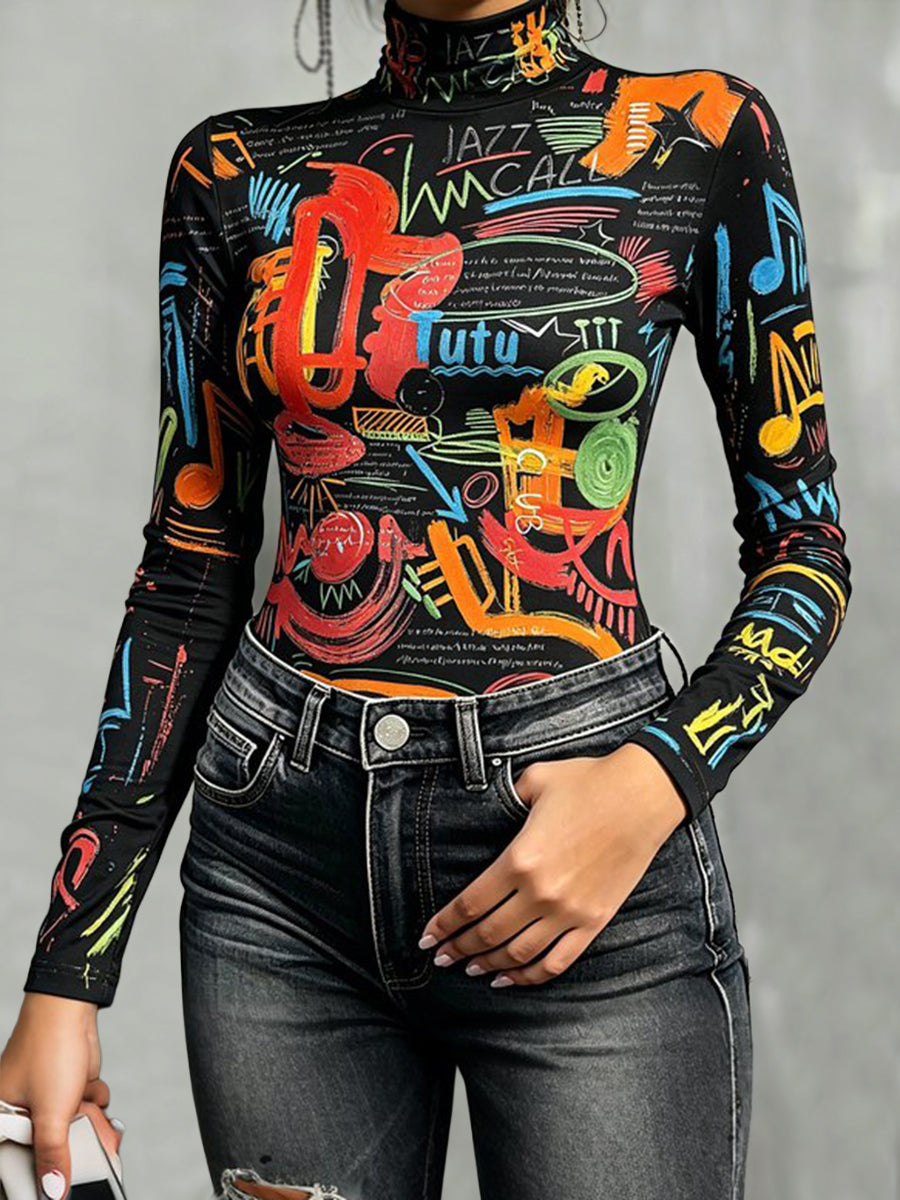 Printed Letter Print Contrast Color Skinny Long Sleeves Mock Neck T-Shirts Tops