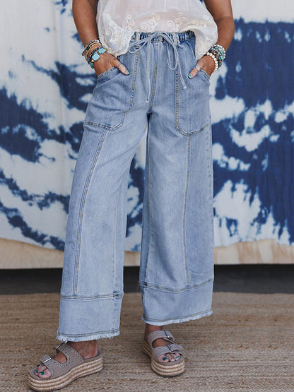High Waisted Loose Drawstring Fringed Pockets Solid Color Jean Pants Bottoms