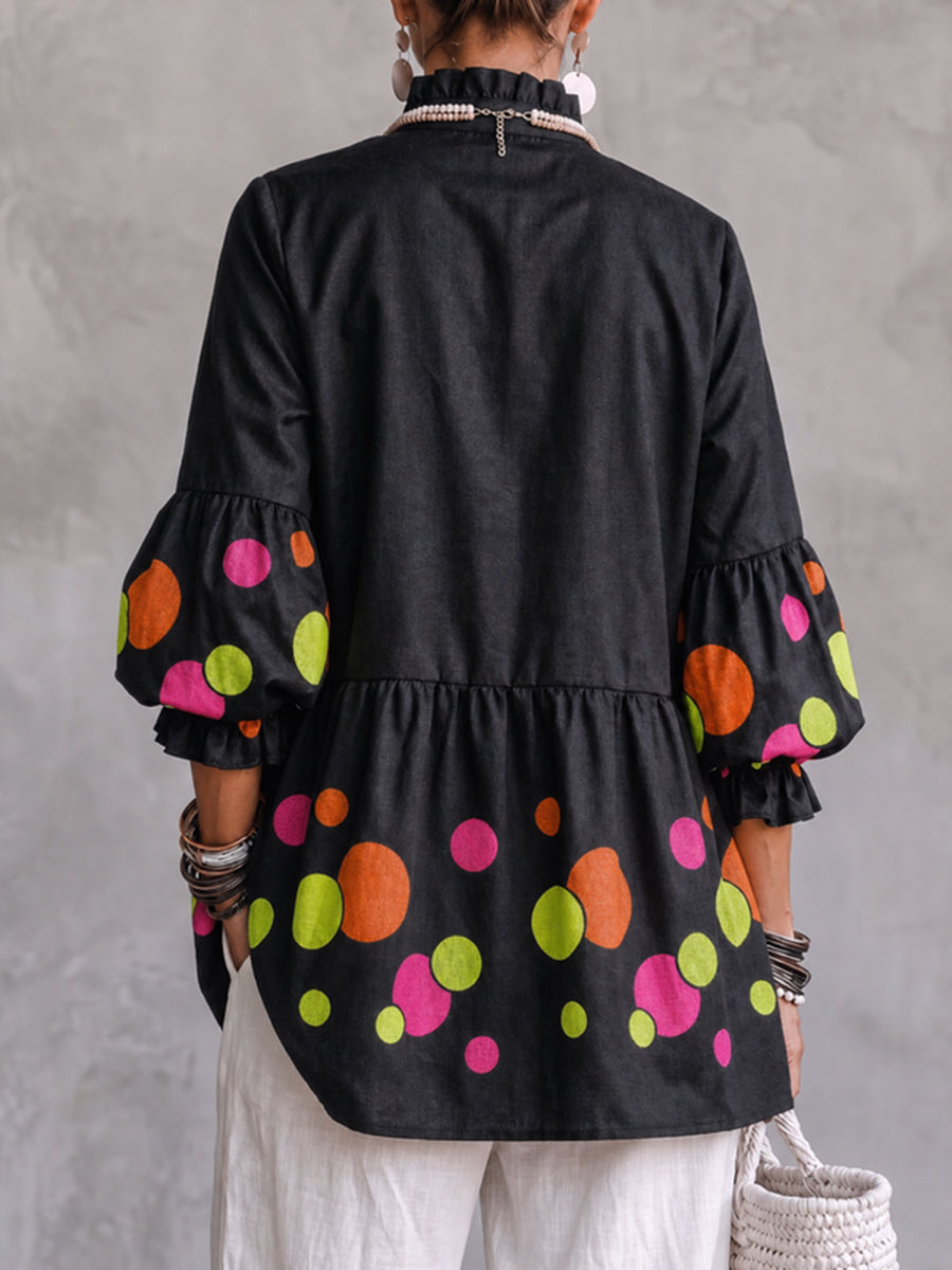 Split-Joint Ruffle Trim Polka-Dot Contrast Color Buttoned Three-quarter Sleeves Puff Sleeves Mock Neck Blouses&shirts Tops