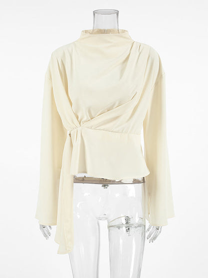 Flared Sleeves Long Sleeves Solid Color Twist Half Turtleneck Blouses&Shirts Tops