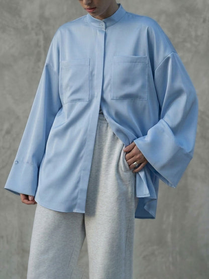 Flared Sleeves Long Sleeves Buttoned Pockets Solid Color Stand Collar Blouses&Shirts Tops