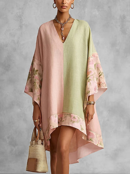 Split-Joint Flower Print Contrast Color Three-quarter Sleeves Loose V-neck Midi Dresses