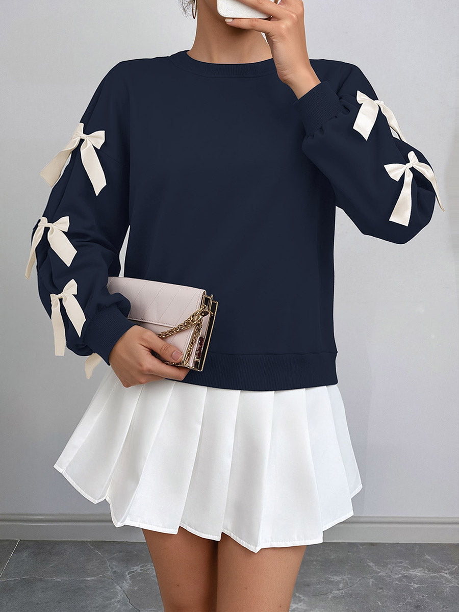 Split-Joint Contrast Color Bow-Embellished Loose Long Sleeves Round-Neck Sweatshirt Tops