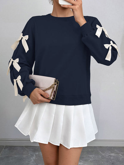 Split-Joint Contrast Color Bow-Embellished Loose Long Sleeves Round-Neck Sweatshirt Tops
