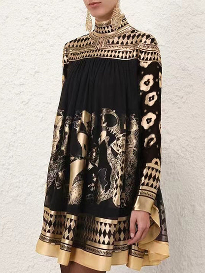 A-Line Long Sleeves Bronzing Printed Split-Joint Mock Neck Mini Dresses