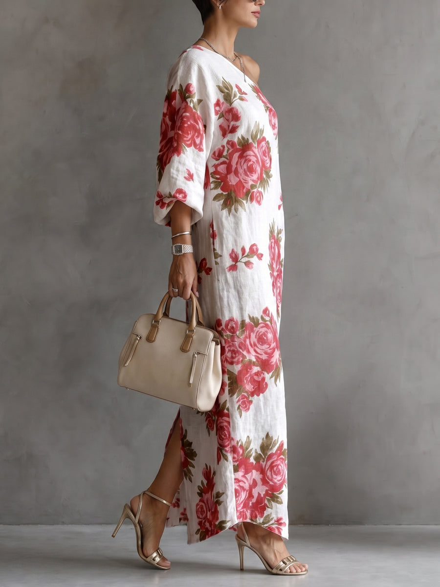Pockets Flower Print Three-quarter Sleeves H-line One-shoulder Maxi Dresses