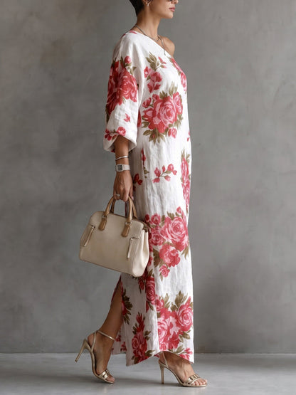 Pockets Flower Print Three-quarter Sleeves H-line One-shoulder Maxi Dresses