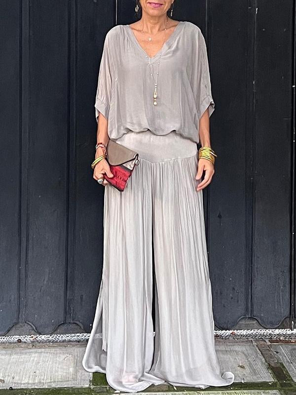 Olive | Women's V-Neck Batwing Sleeve Wide Leg Jumpsuit 2 Piece