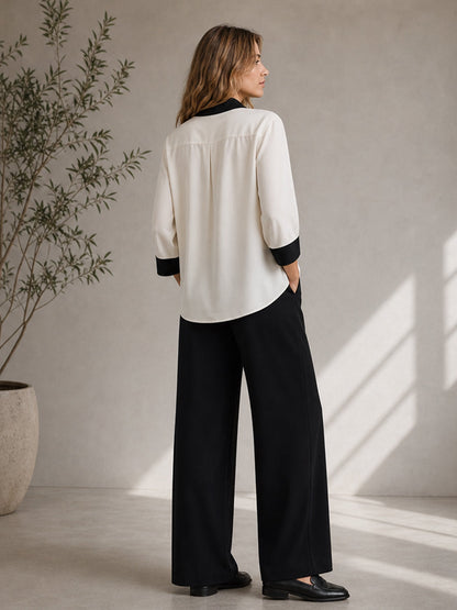 Tied Leaves Print Contrast Color Three-quarter Sleeves Round-neck Blouses&shirts Tops