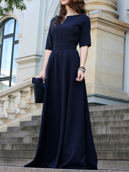 Half Sleeves High Waisted Solid Color Tied Waist V-Neck Maxi Dresses