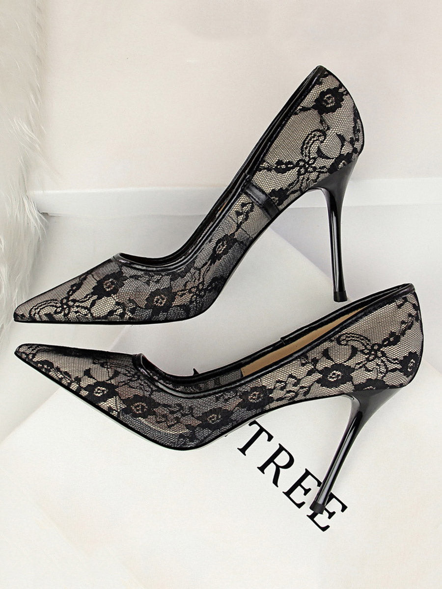 Flower Print Hollow Pointed-Toe Split-Joint Pumps