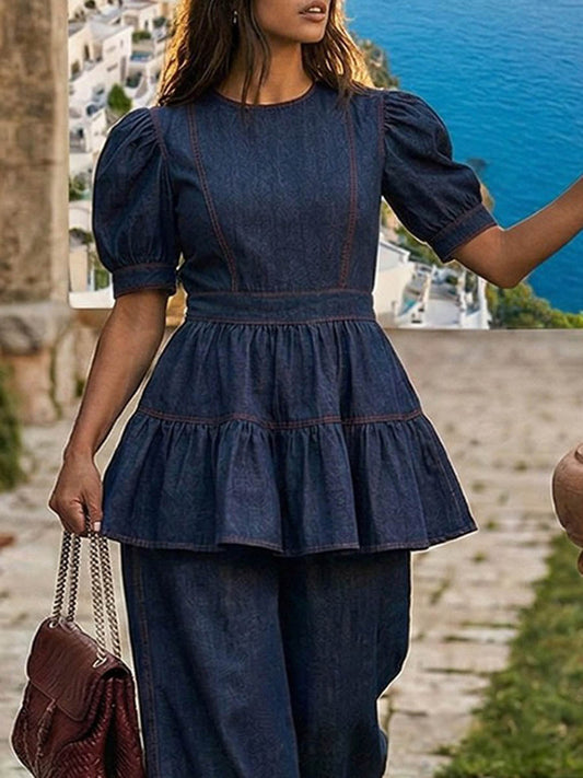 A-Line Loose Pleated Ruffled Solid Color Split-Joint Round-Neck Blouses&Shirts Tops