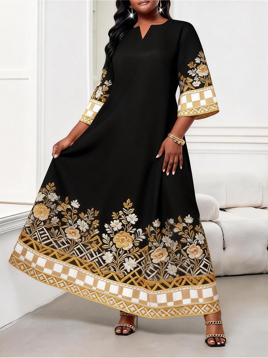 A-Line Loose Contrast Color Flower Print Plaid Split-Joint V-Neck Maxi Dresses