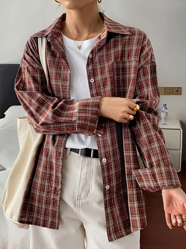 Long Sleeves Loose Buttoned Plaid Lapel Blouses&Shirts Tops