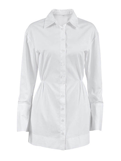 High Waisted Long Sleeves Buttoned Pleated Solid Color Lapel Mini Dresses Shirt Dress