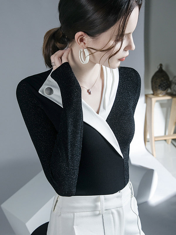 Long Sleeves Skinny Asymmetric Contrast Color Split-Joint V-Neck Blouses&Shirts Tops
