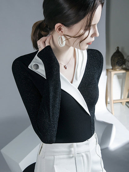 Long Sleeves Skinny Asymmetric Contrast Color Split-Joint V-Neck Blouses&Shirts Tops