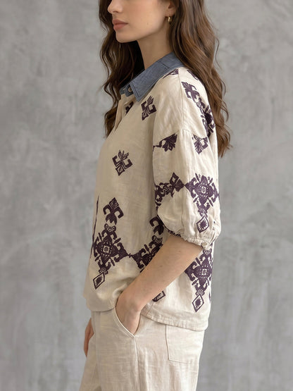 Half Sleeves Loose Buttoned Embroidered Printed Split-Joint Lapel Blouses&Shirts Tops