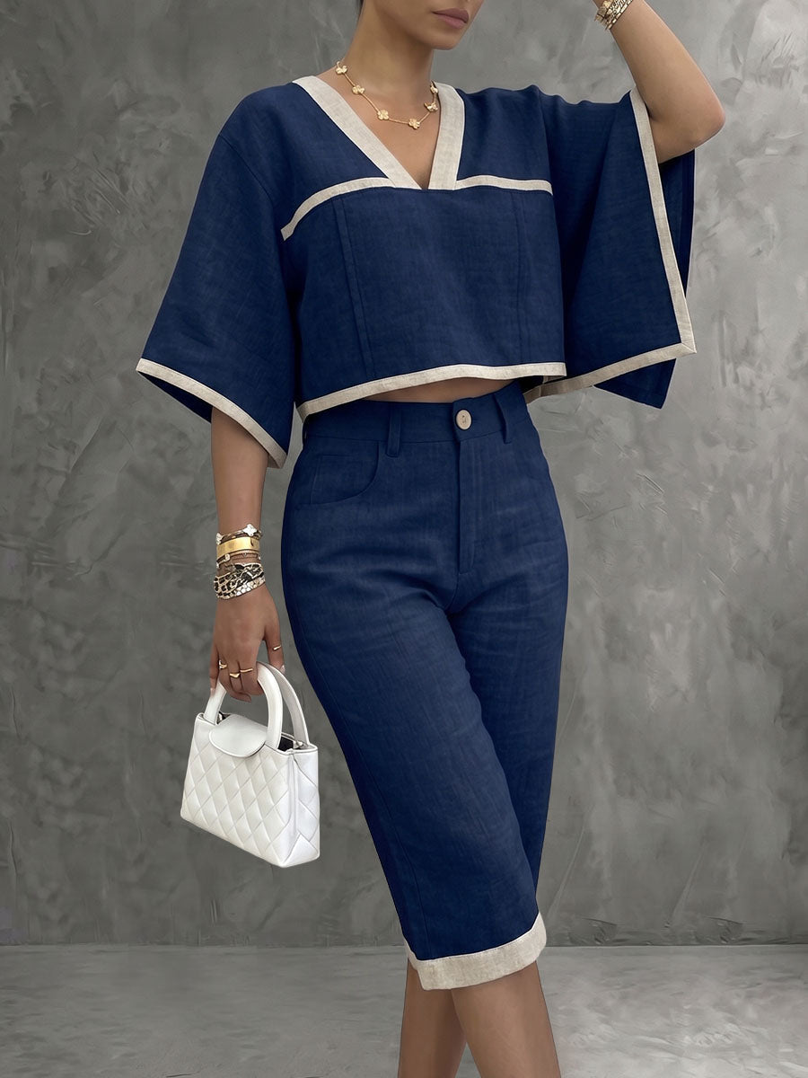 Contrast Color Cropped Batwing Sleeves V-Neck Blouses&Shirts Tops + Buttoned No Belt Pockets Cropped Trousers Two Pieces Set