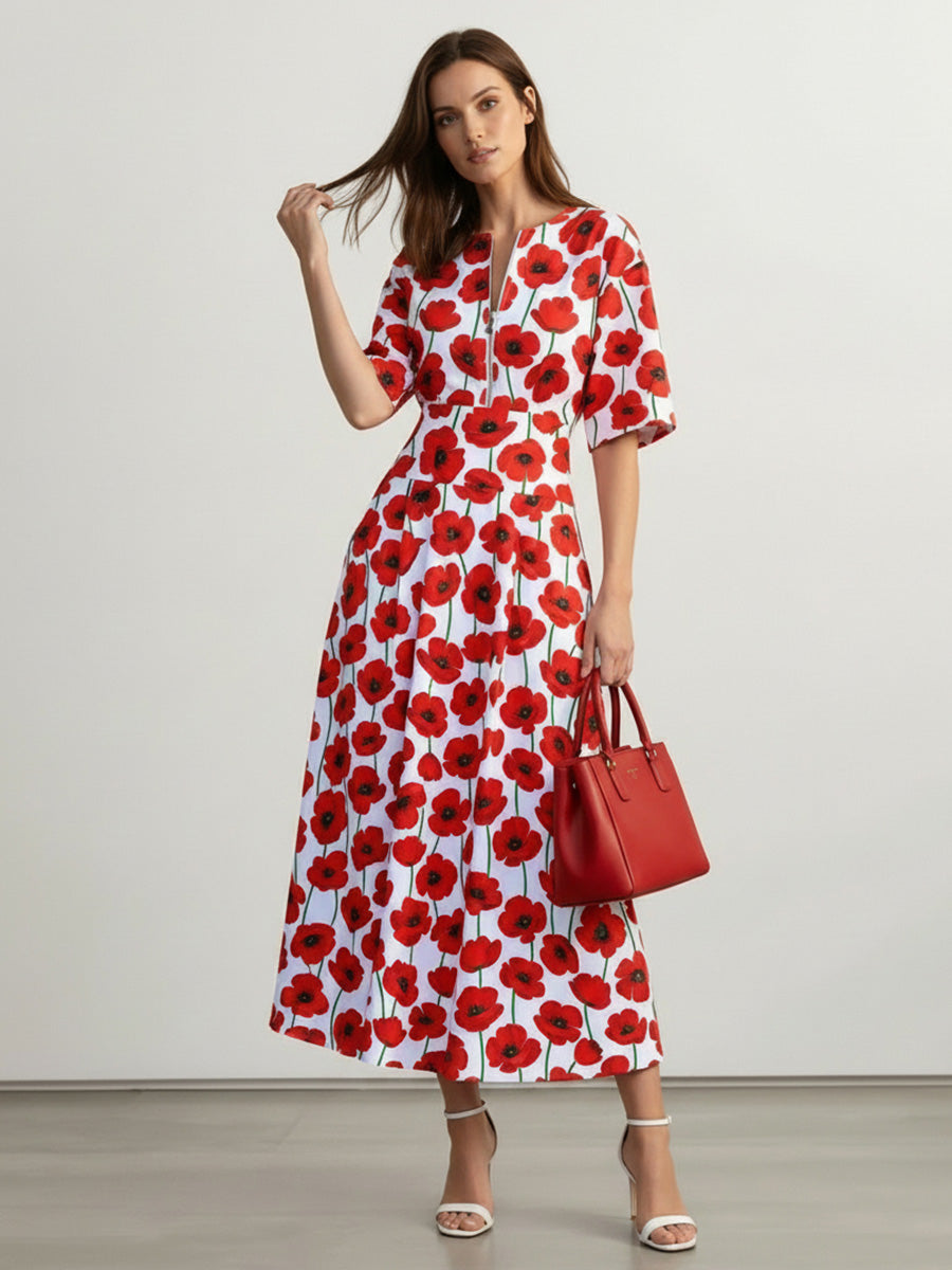 A-Line Elasticated Waist Contrast Color Flower Print Pockets Split-Joint Zipper Round-Neck Midi Dresses