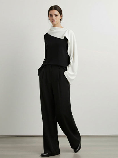 Long Sleeves Loose Asymmetric Contrast Color Asymmetric Collar Blouses&Shirts Tops