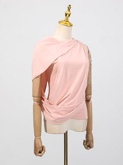 Loose Sleeveless Pleated Solid Color Round-Neck T-Shirts Tops