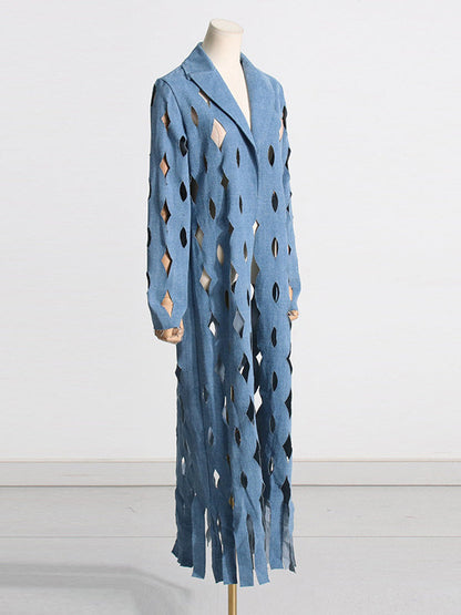 Long Sleeves Loose Hollow Solid Color Tasseled Notched Collar Denim Outerwear