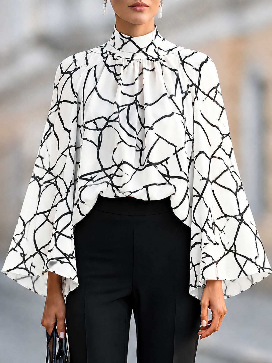 Split-Joint See-Through Printed Contrast Color Long Sleeves Flared Sleeves Mock Neck Blouses&shirts Tops