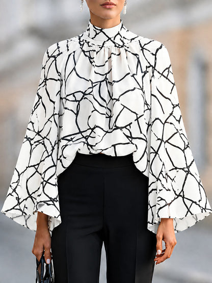 Split-Joint See-Through Printed Contrast Color Long Sleeves Flared Sleeves Mock Neck Blouses&shirts Tops