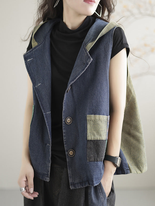 Gilet à capuche sans manches en denim ample et boutonné de couleur contrastée, style rétro artistique 