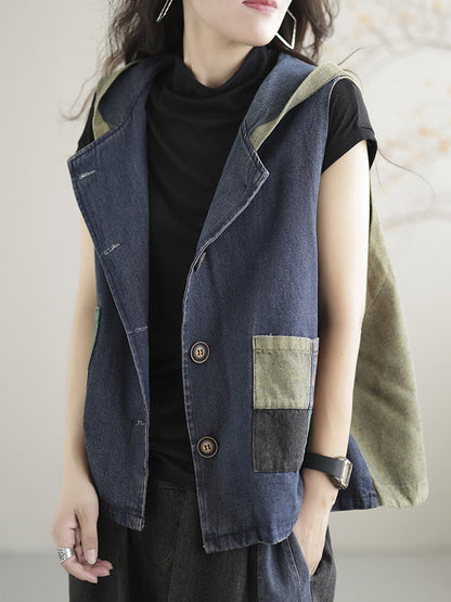 Gilet à capuche sans manches en denim ample et boutonné de couleur contrastée, style rétro artistique 