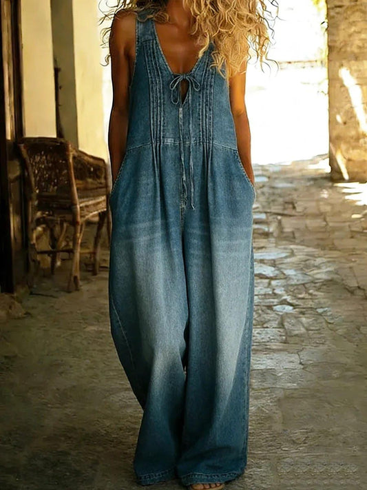 Loose Sleeveless Hollow Pleated Pockets Solid Color Split-Joint Tied Deep V-Neck Jumpsuits