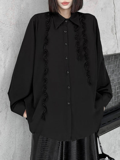 Hipster Long Sleeves Buttoned Falbala Ruffled Solid Color Split-Joint Lapel Blouses&Shirts Tops