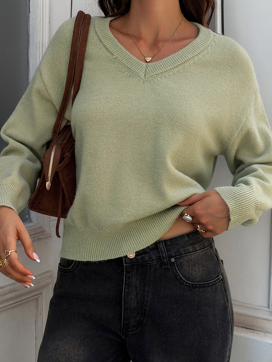 Solid Color Ribbed Loose Long Sleeves V-neck Sweater Pullovers