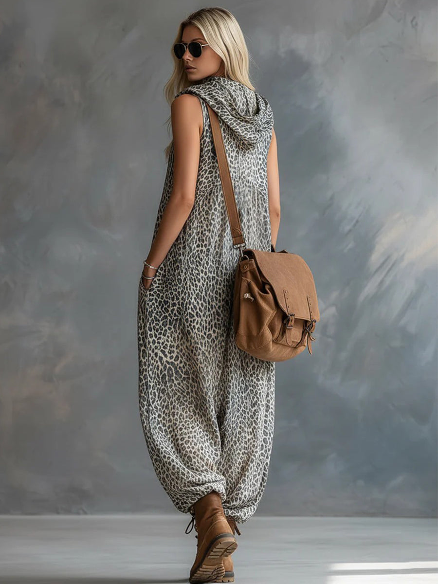 High Waisted Loose Contrast Color Leopard Pleated Pockets Split-Joint Zipper Hooded Anklets Jumpsuits