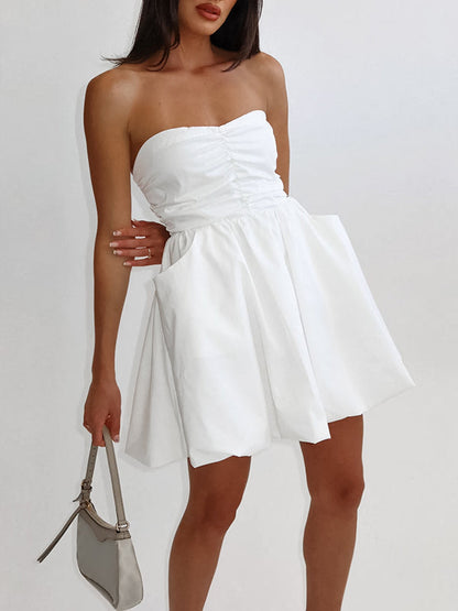 A-Line High Waisted Elasticity Pleated Pockets Solid Color Tube Mini Dresses