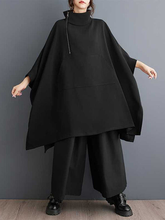 Batwing Sleeves Loose Buttoned Pockets Solid Color Zipper Mock Neck Sweatshirt Tops