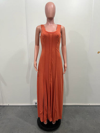 Plus Size Sleeveless Solid Color Split-Joint U-Neck Maxi Dresses
