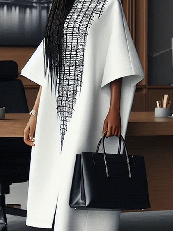 Loose Three-Quarter Sleeves Printed Split-Front Round-Neck Midi Dresses