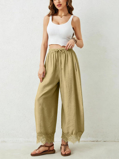 Split-Joint Solid Color Pockets Elasticity Drawstring Wide Leg Loose Trousers Pants