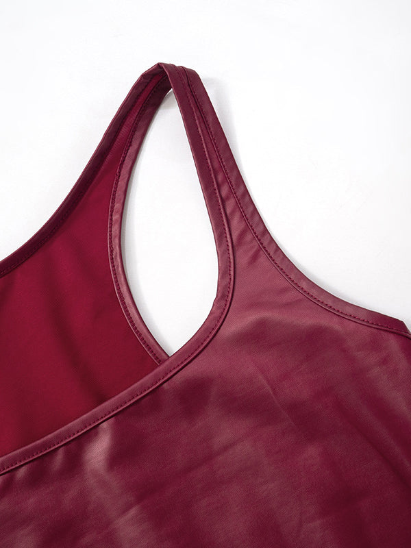 Skinny Sleeveless Shiny Solid Color Split-Joint Spaghetti-Neck Vest Top