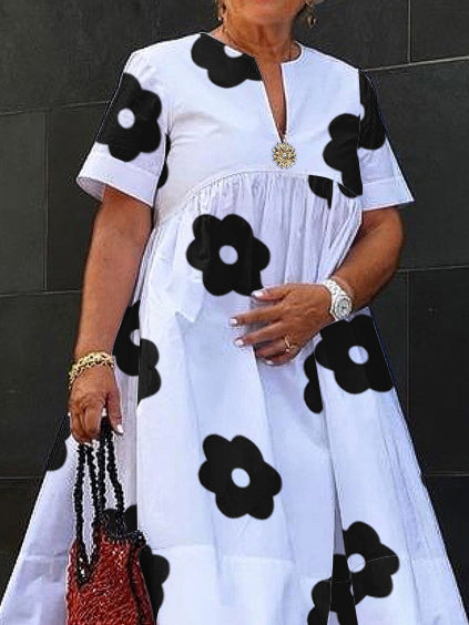 A-Line Loose Flower Print Pleated Split-Joint Round-Neck Midi Dresses