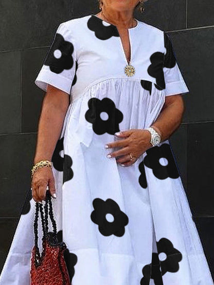 A-Line Loose Flower Print Pleated Split-Joint Round-Neck Midi Dresses