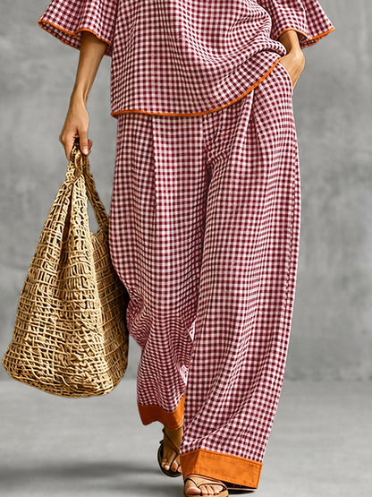 Pockets Plaid Contrast Color Wide Leg High Waisted Trousers Pants