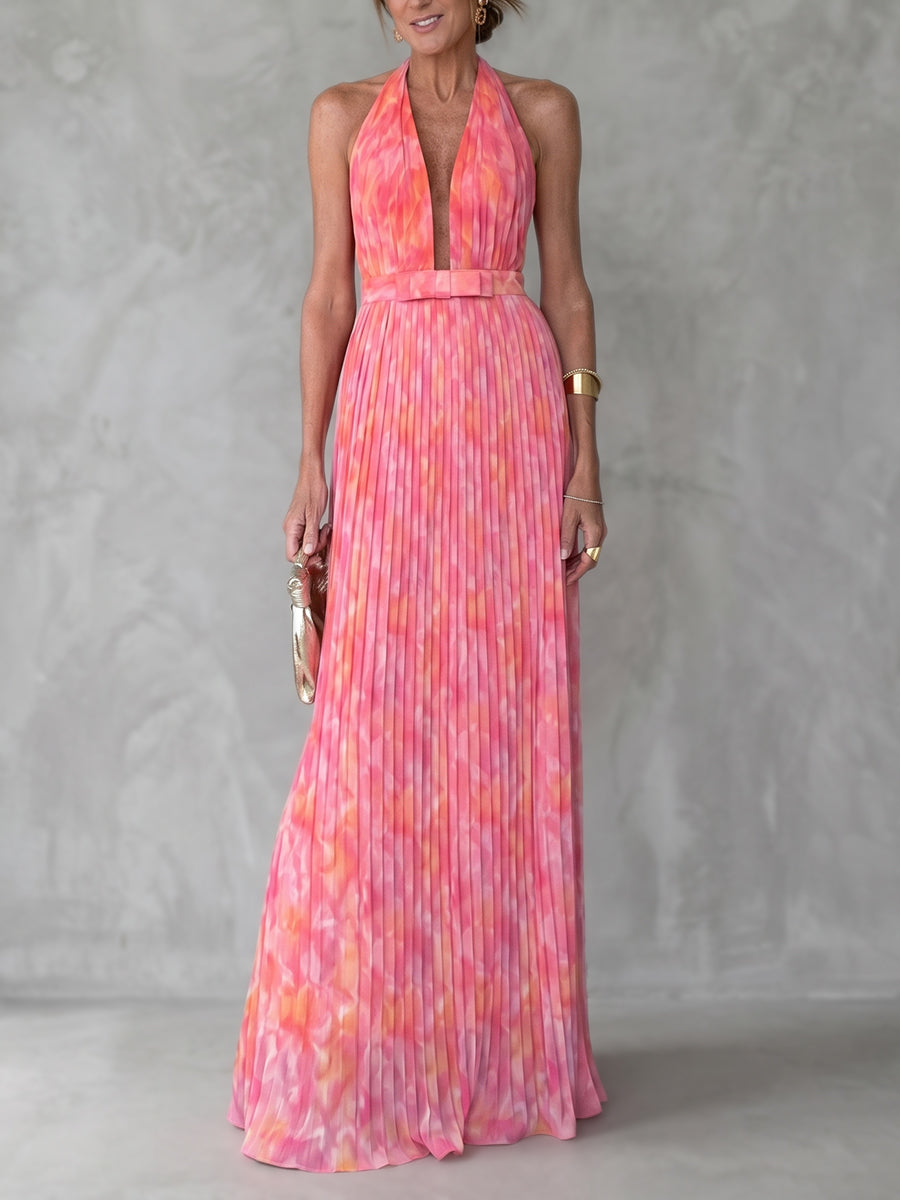 A-Line High Waisted Backless Pleated Printed Tied Deep V-Neck Maxi Dresses